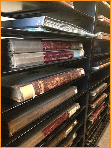 Oversize volumes on book shelves.