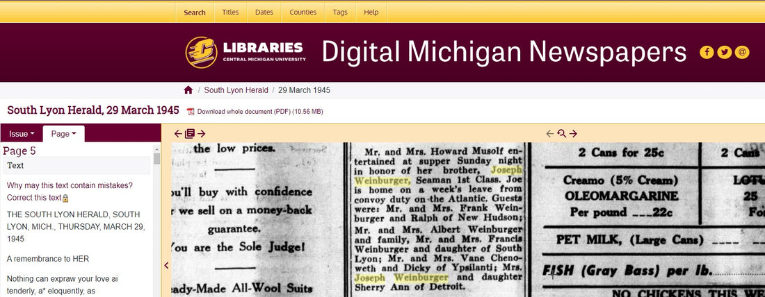 Results page from the Clarke Historical Library at Central Michigan University's "Digital Michigan Newspapers" collection.