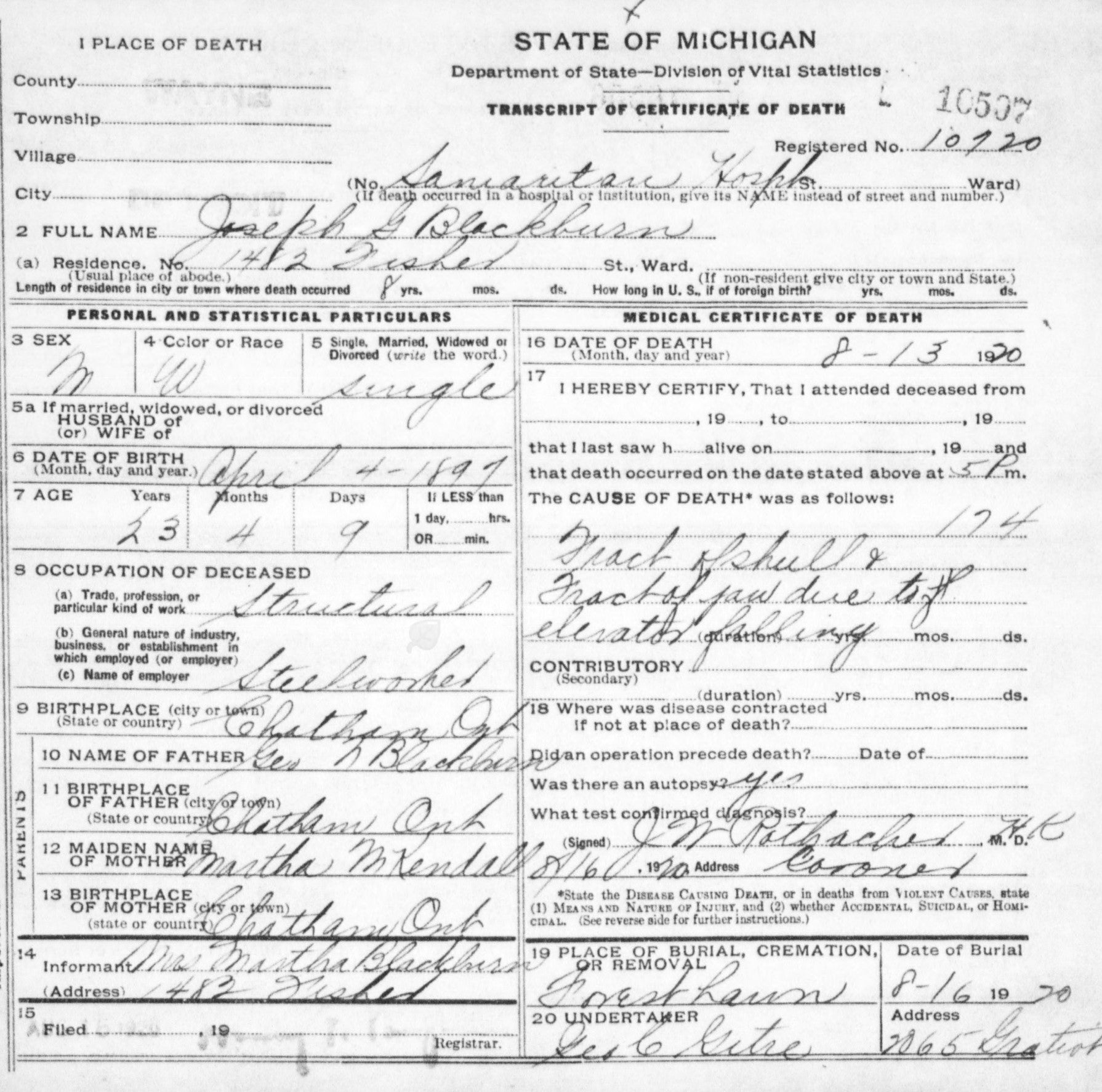 Michigan Death Record for Joseph Blackburn.