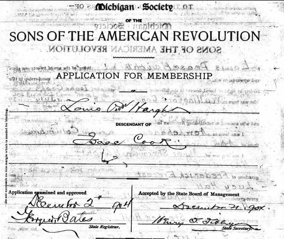 Michigan Society of the Sons of the American Revolution Application for Louis Haight, descendant of Isaac Cook.